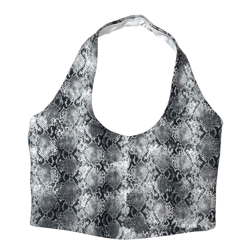 Spiritual Gangster Halter Crop Top Women Medium Grey Snakeskin Animal Print Yoga